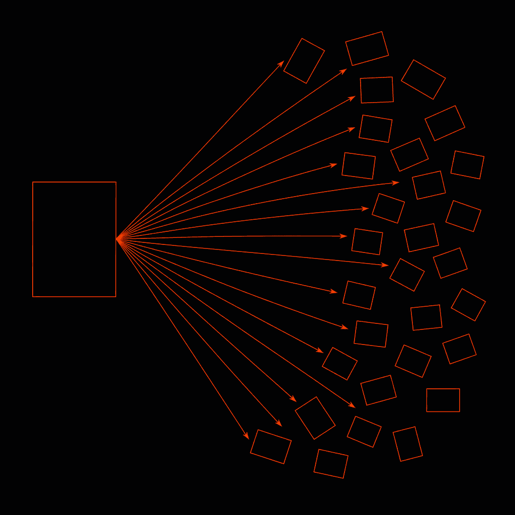 A line diagram of one deck being forwarded outward into many copies