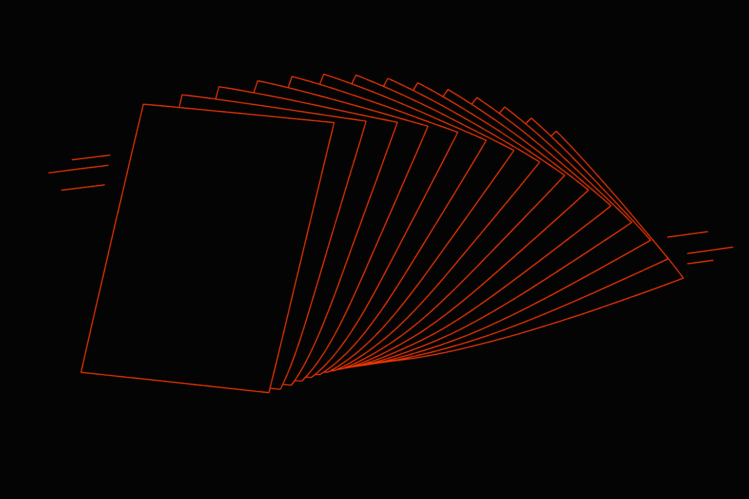 A line drawing of a stack of deck pages riffling past at speed